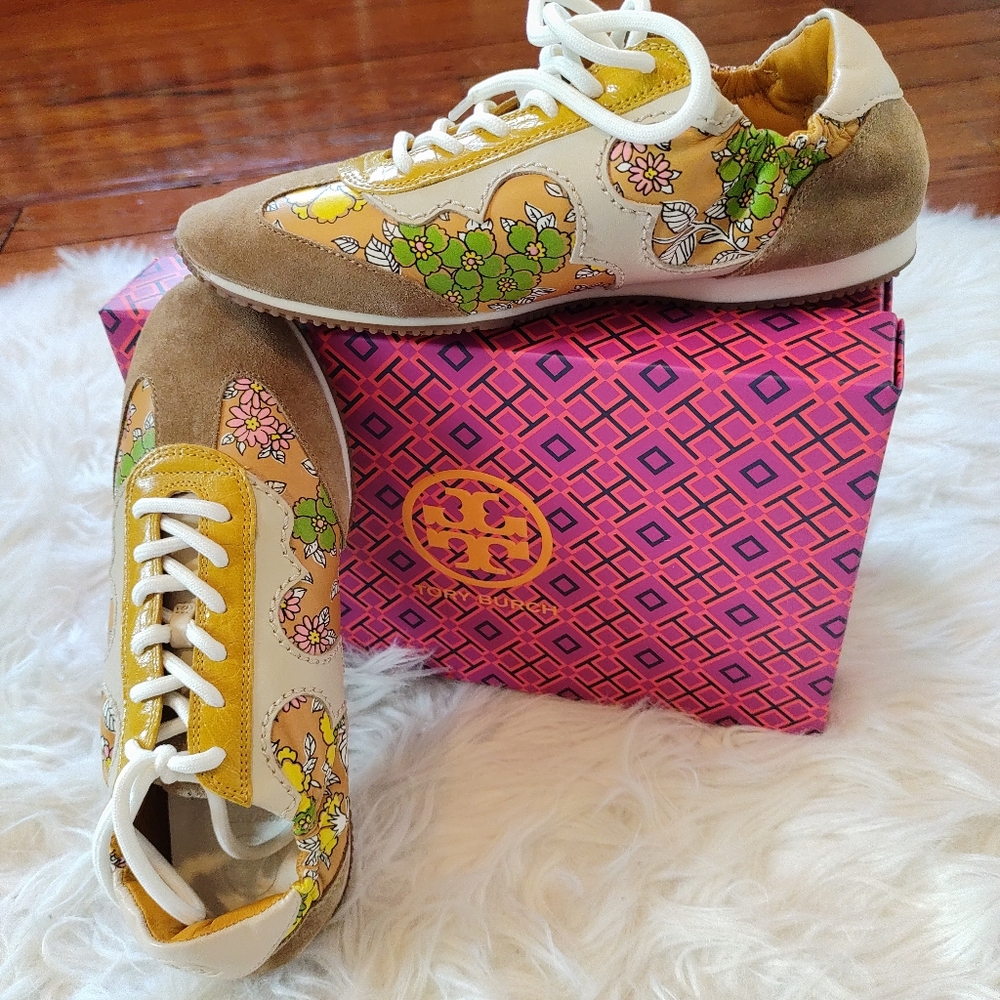NEW Tory Burch Rust Wallpaper Serif Floral printed Leather Sneaker 6.5